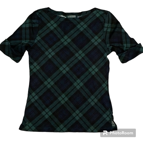 LAUREN RALPH LAUREN Navy Blue Green Plaid Short Sleeve Knit Shirt Size Large - Picture 1 of 6